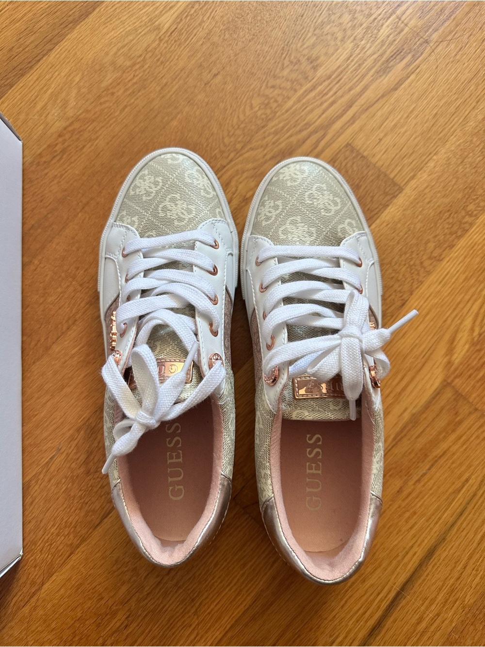 GUESS Women's Monogram Sneakers in Gold & White with Rose-Gold Accents